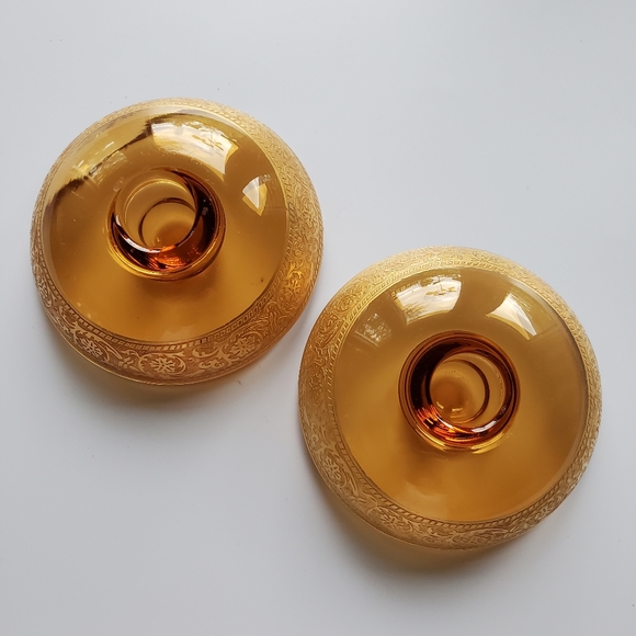 🕯Vntg Amber&Gold Gilt 4" Wide Candle Taper🕯Holders Pair - Picture 3 of 15